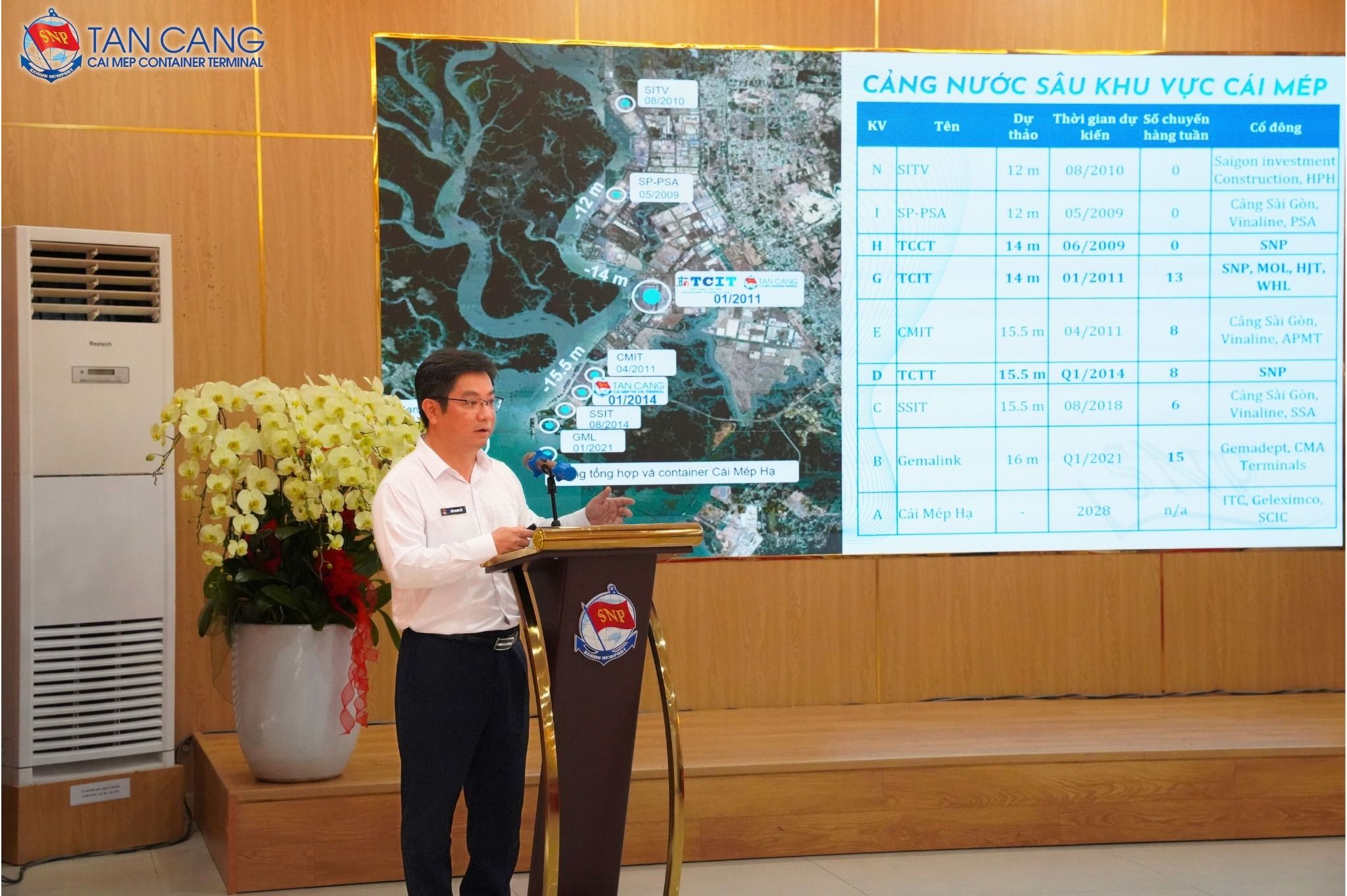 Ông Trần Quang Hải, Phó Giám đốc Công ty Cổ phần Tân Cảng - Cái Mép, giới thiệu tổng quan về Tổng công ty Tân Cảng Sài Gòn và hoạt động tại khu vực Cái Mép.
