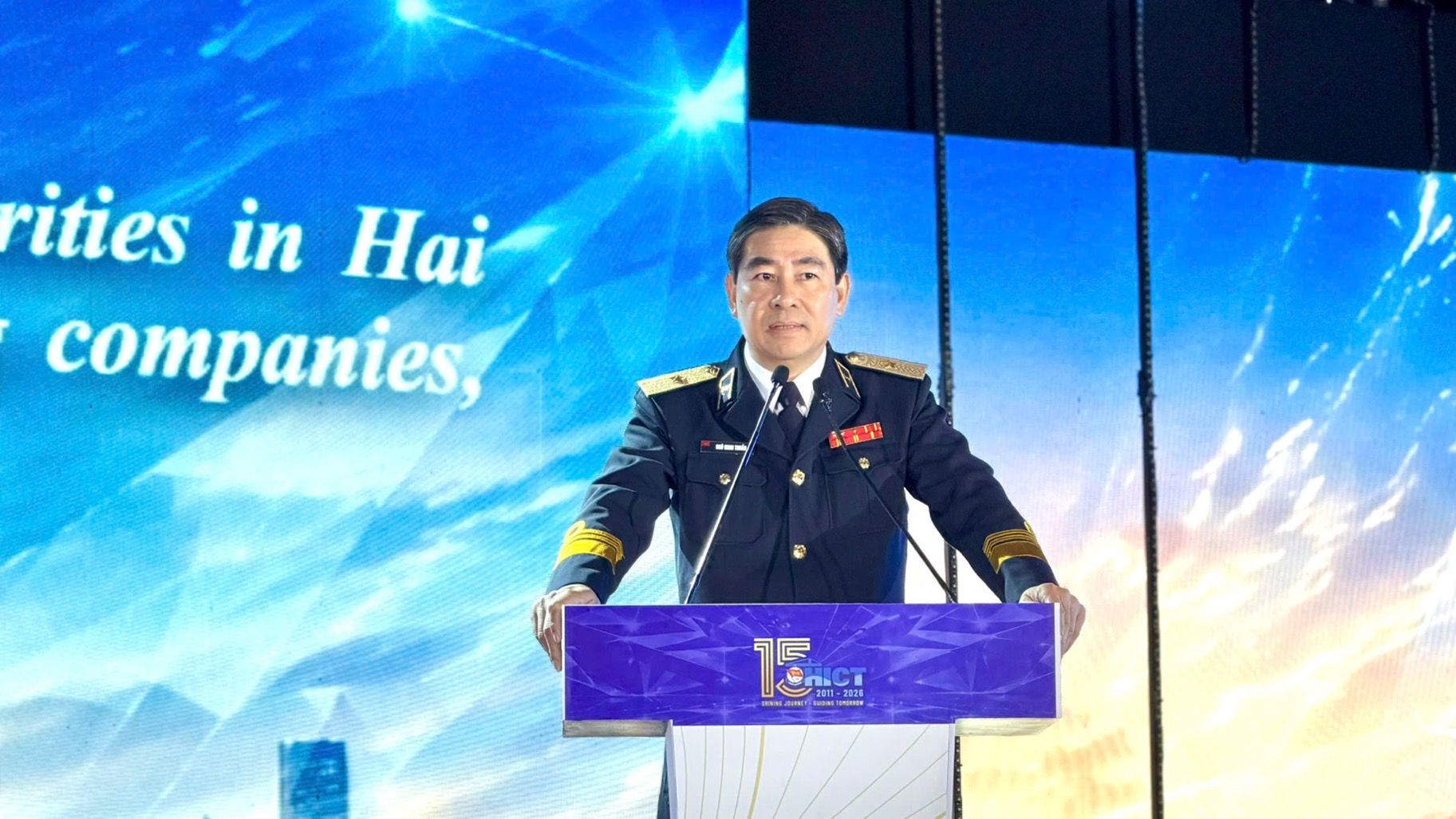 Thiếu tướng Ngô Minh Thuấn - Tư lệnh Binh đoàn 20, Chủ tịch kiêm Tổng giám đốc Tổng công ty Tân Cảng Sài Gòn phát biểu